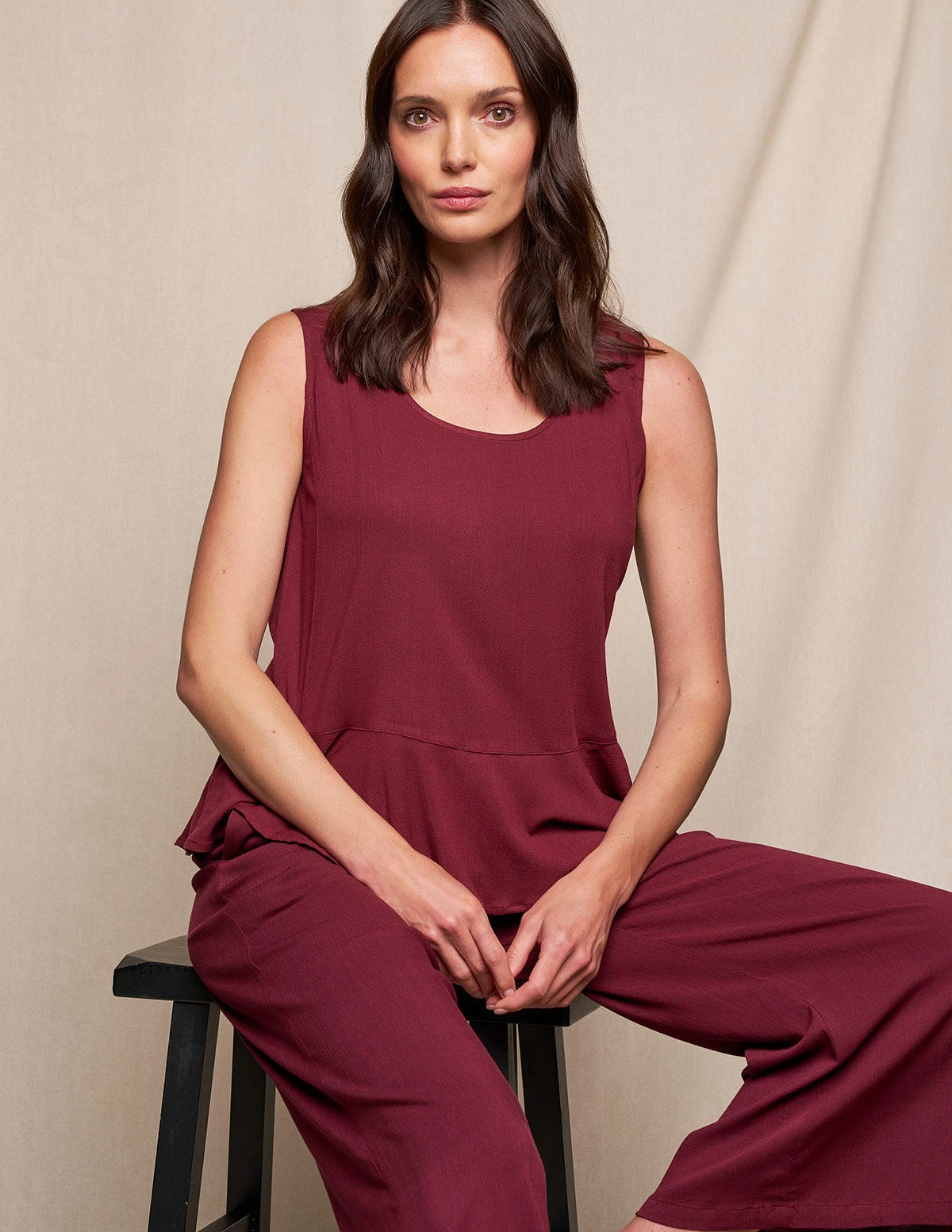 Linen / Bamboo Peplum Tank - Burgundy 3 Linen / Bamboo Peplum Tank - Burgundy - Image 3