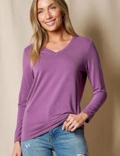 Bamboo / Organic Cotton Long Sleeve V-Neck Tee - Dusty Purple