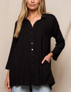 Linen / Bamboo Button Front Tunic - Black -Sivana Spirit Shop SIVANA3580