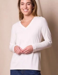 Bamboo / Organic Cotton Long Sleeve V-Neck Tee - Soft White -Sivana Spirit Shop Sivana02078758