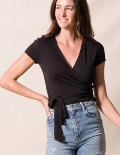 Bamboo Cap Sleeve Wrap Top - Black -Sivana Spirit Shop sivana bamboo cap sleeve wrap top 32077248790711